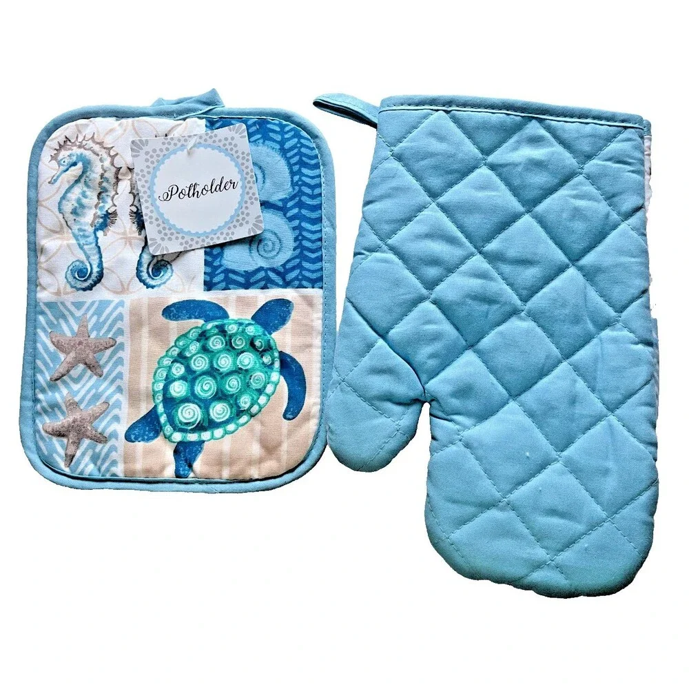 Nantucket Nautical Oven Mitt Potholder Sea Turtle Seahorse Starfish Set of 2